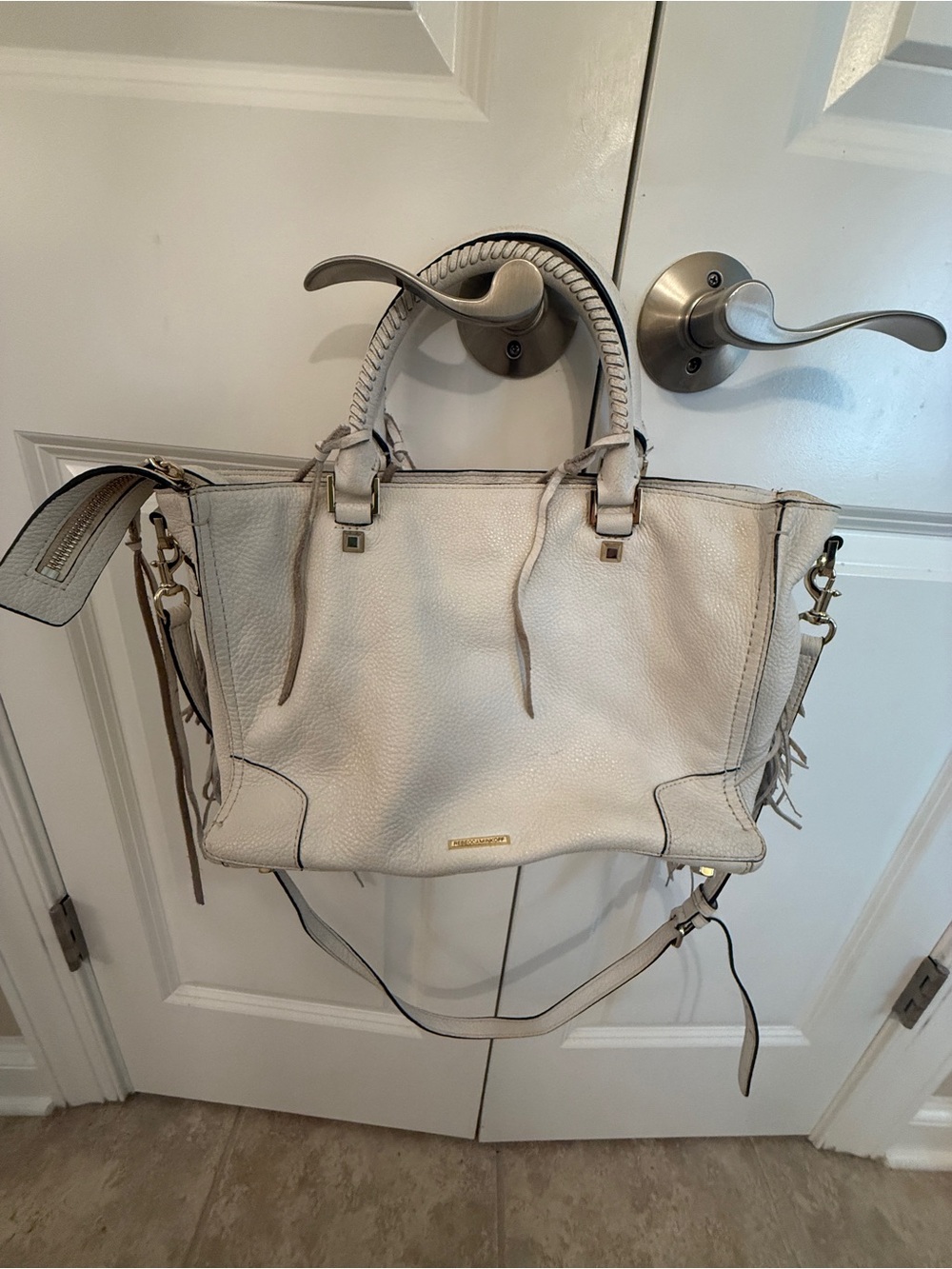 Rebecca Minkoff Cream Leather Shoulder Tote with Braided Handles